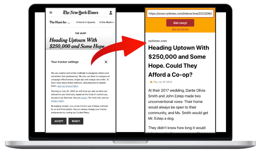 Two screenshots of the same article: one covered with a popup, the other very clean and cozy. • Header image for: Building a Cozy Web • Let us build the web we want! • Ayo's Blog • Blogs on tech, life, and personal growth • Ayo Ayco